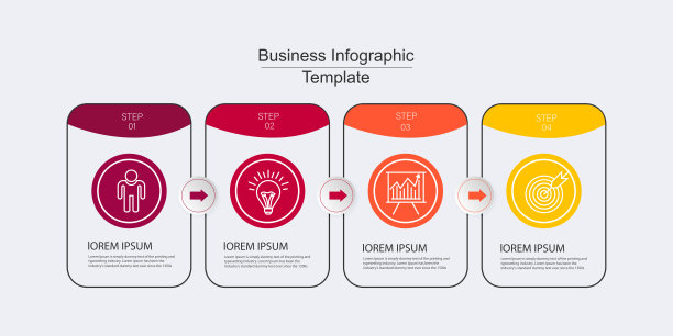 业务信息图模板。时间轴与4个箭头步骤，四个数字选项图片下载