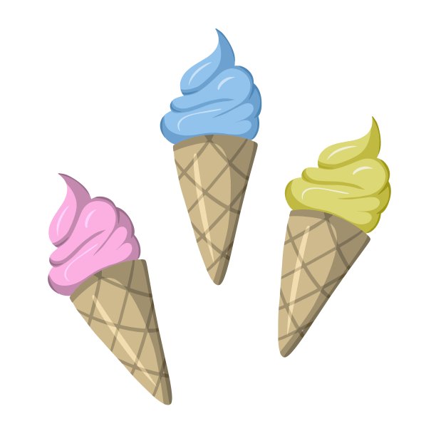 一套甜的冷甜点，水果冰淇淋在华夫饼杯，锥形，卡通矢量，平图片下载