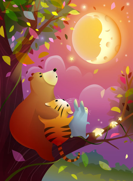 有动物和月亮的梦幻夜景图片下载