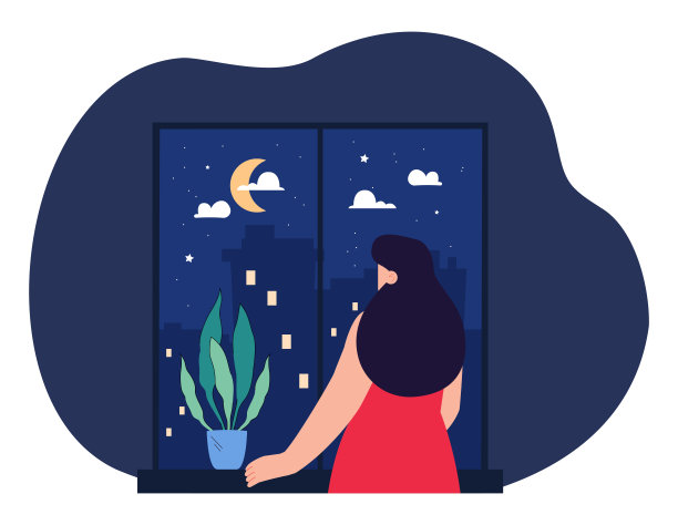 女孩看窗外的夜晚城市平矢量插图图片下载
