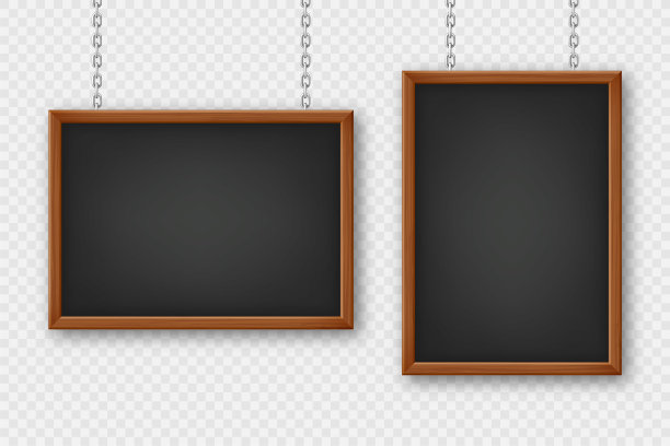 木框招牌挂在金属链上。餐厅菜单。学校黑板，书写面，文字或绘画。空白的广告或展板。矢量图图片下载