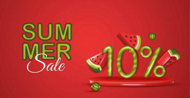 夏季大甩卖海报，红色背景是3d西瓜片。夏天西瓜背景。图片下载