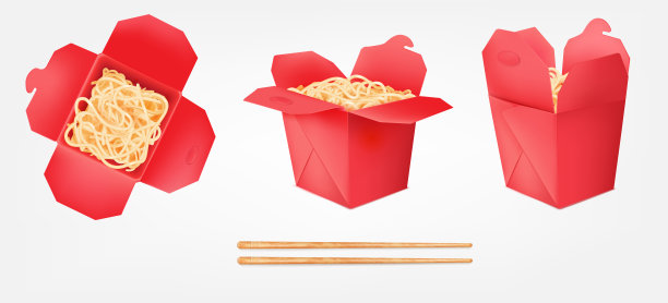 红色面框。3d炒锅盒与中国面食，外卖包装亚洲食品容器外卖中国饭米袋或日本面开纸板碗，整齐的矢量插画图片下载