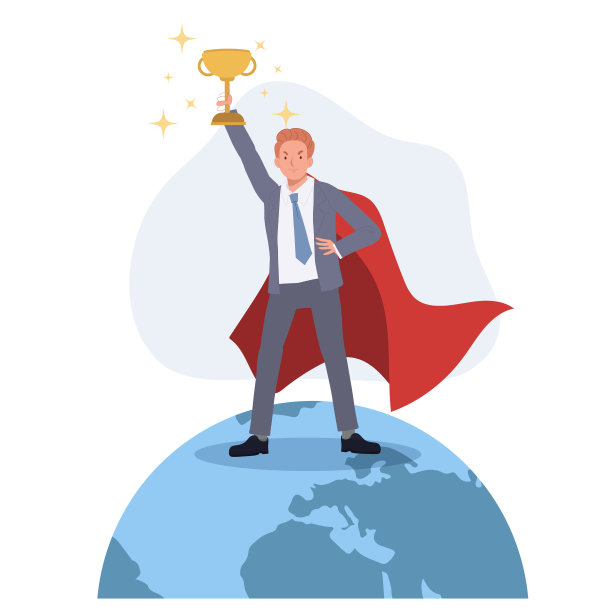 商人，超级英雄，有奖项，奖杯，地球上的冠军。赢家，成就，胜利，成功，赢得全球竞争。平面向量插图。图片下载