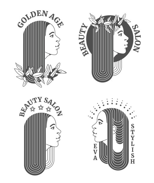 一组带有女性面孔和花卉和装饰元素的标志。最小的线性风格。新艺术风格。矢量徽章和图标美容沙龙，水疗中心，时尚商店，化妆品品牌。矢量平面插图。图片下载