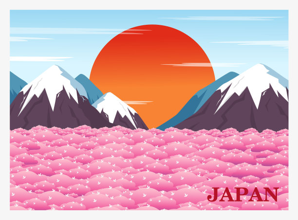 带有明亮日本风景的明信片。图片下载