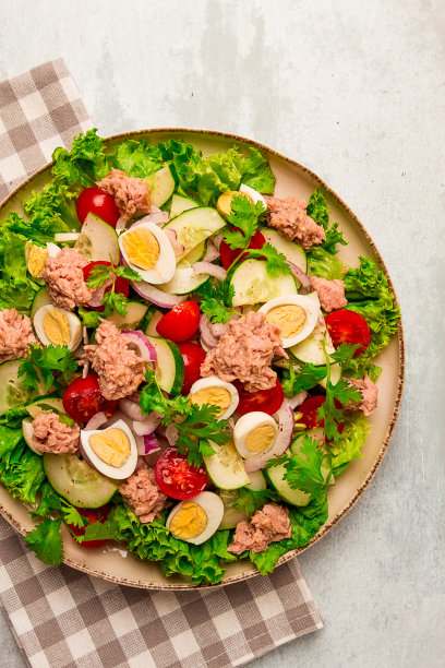 金枪鱼沙拉，鹌鹑蛋蔬菜沙拉，生菜，红洋葱和黄瓜，放在浅灰色的桌子上，生酮食物，生活方式，健康饮食，选择性关注，俯视，没有人，图片下载