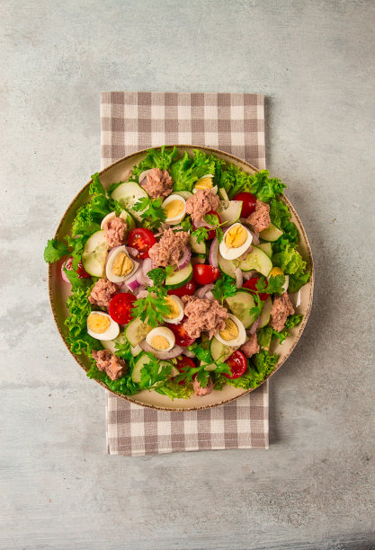 金枪鱼沙拉，鹌鹑蛋蔬菜沙拉，生菜，红洋葱和黄瓜，放在浅灰色的桌子上，生酮食物，生活方式，健康饮食，选择性关注，俯视，没有人，图片下载