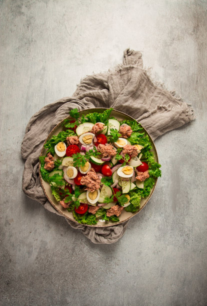 金枪鱼沙拉，鹌鹑蛋蔬菜沙拉，生菜，红洋葱和黄瓜，放在浅灰色的桌子上，生酮食物，生活方式，健康饮食，选择性关注，俯视，没有人，图片下载