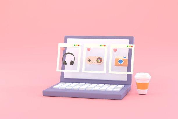 应用程序的笔记本电脑屏幕平面设计模板。网上购物的概念。图片下载