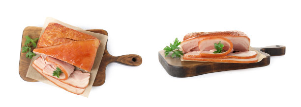 美味的烟熏培根在白色背景，拼贴。旗帜设计图片下载