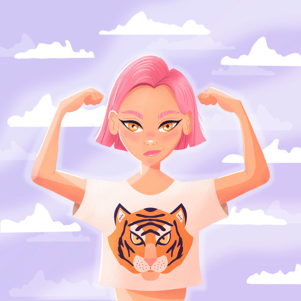 美丽的年轻女孩，短粉色头发显示肌肉穿着白色衬衫与老虎。自信的年轻女子微笑在浅紫色的背景与白云。彩色插图。图片下载