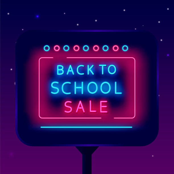 返校销售霓虹灯街广告牌。夜晚明亮的广告。带有圆圈的复古框架。向量股票插图图片下载