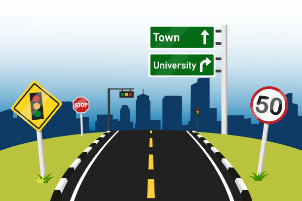 彩色背景的高速公路与交通标志图片下载