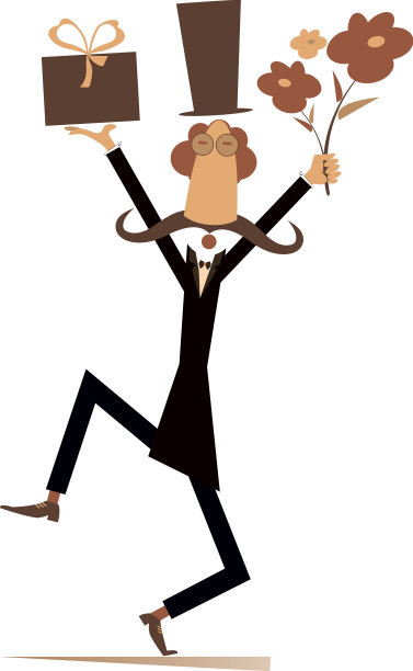 戴礼帽，拿着花和礼物的男人图片下载