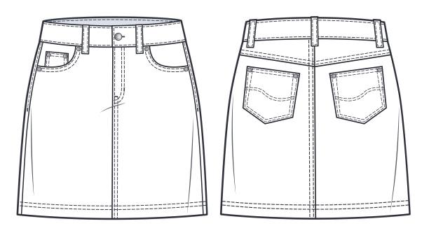 迷你裙技术时尚插画。经典牛仔裙时尚平面草图模板，膝盖迷你长度廓形，前后口袋，前，后视图，白色，CAD模型。图片下载