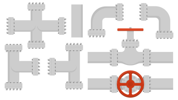 收集金属管。钢管、塑料管、阀门及法兰、排水管。连接系统的概念。矢量插图。图片下载