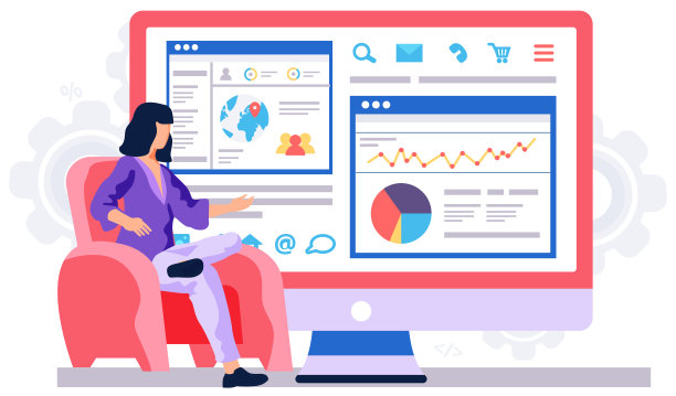 女性正在处理数据和经济统计数据。女孩坐在大屏幕附近图片下载