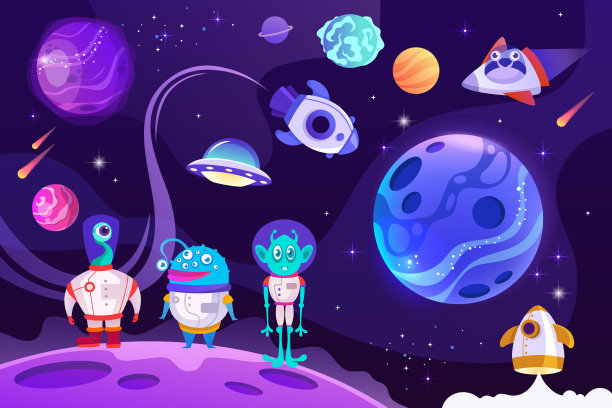 太空旅行。行星、外星人和火箭。空间幼稚的旗帜。向量卡通插图。每股收益10图片下载