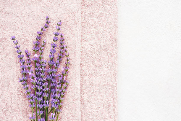 淡紫色的花朵和粉色蓬松的毛巾在明亮的背景上。SPA，养生养生理念图片下载