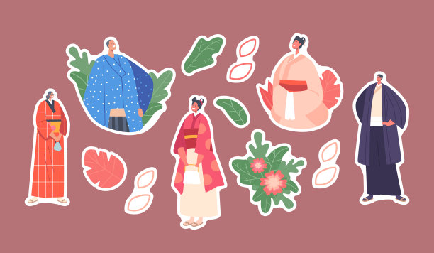 一套亚洲人孤立的微笑贴纸图片下载