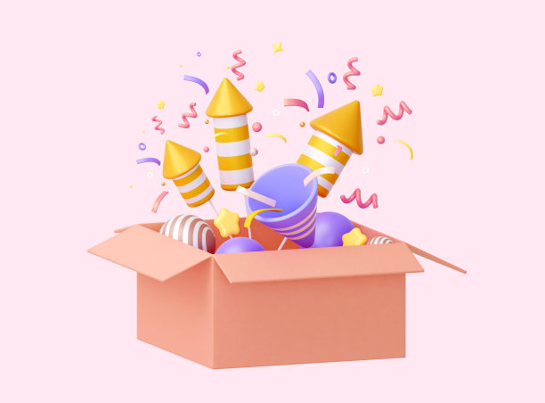 有烟花和气球的3D盒子。在一个孤立的粉色背景上。3 d渲染。用来庆祝新年、生日、感恩节图片下载