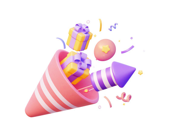3D派对礼花与五彩纸屑，礼物，球为聚会，生日和新年。3 d渲染图图片下载