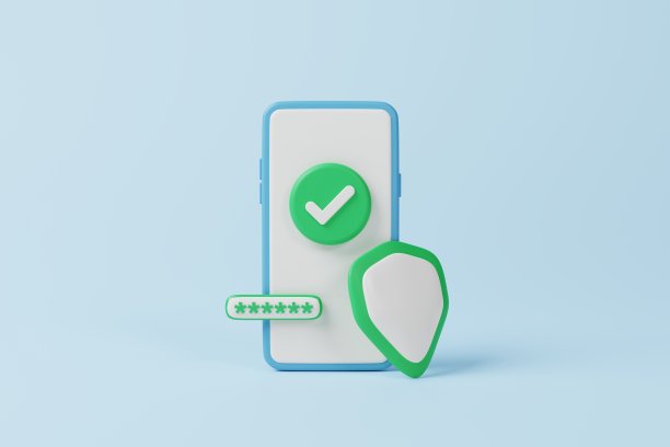 蓝色背景上有保护屏和pin码密码正确标记的智能手机。网络安全的概念。三维渲染图片下载