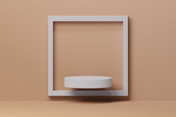 粗糙的白色圆柱在米色背景和方形框架。化妆品或美容产品展示橱窗，促销概念。三维渲染图片下载