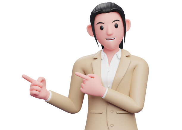 穿着棕色西装的女人用食指指着一边，聪明的商业女人指着插图3D渲染图片下载