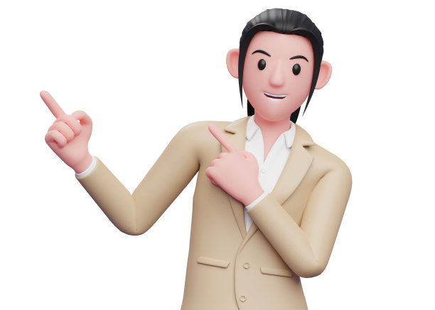 商务女性在棕色西装指着顶部的双手，3D渲染聪明的女孩指着插图图片下载