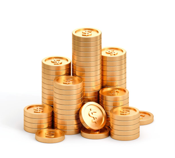 堆叠硬币黄金美元现金孤立在白色3d背景与黄金货币金融业务宝藏货币或成功财富银行赌场头奖符号和闪亮的金融宝贵奖金。图片下载
