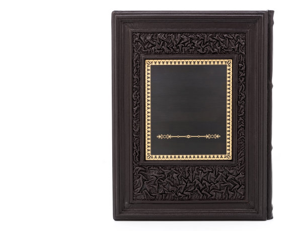 深色皮革模型书封面颜色孤立在白色背景，正面观点。有空标签和金属配件。图片下载