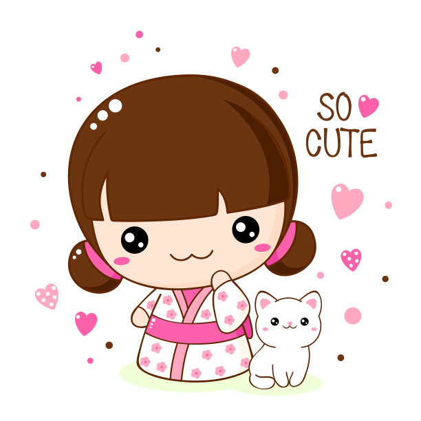 可爱的小女孩和凯蒂在卡哇伊风格图片下载