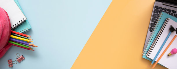 彩色背景与背包彩色文具。副本的空间。俯视图，平铺图片下载