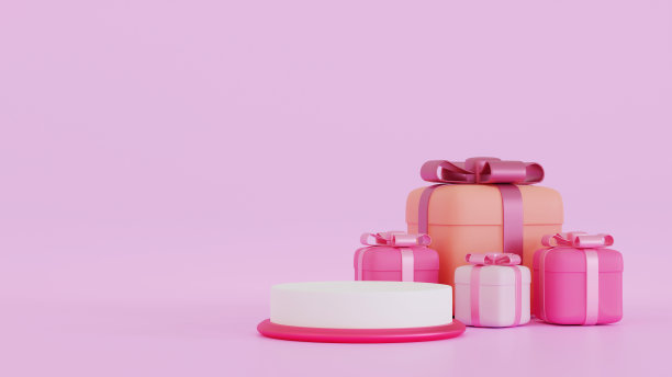 促销平台台座平台舞台上有礼盒和气球，情人节或周年纪念季模拟，3D渲染。图片下载