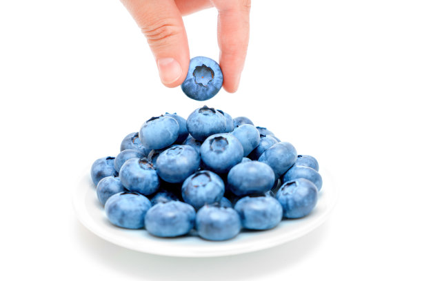 捏着一个蓝莓放在浆果盘上图片下载