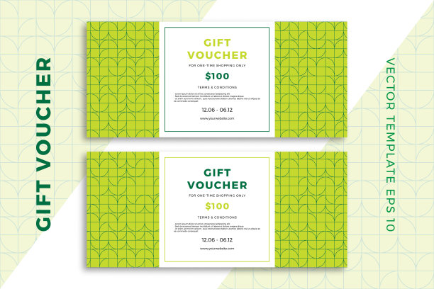 现代礼品卡模板与几何图案。优雅的折扣券或证书在自然绿色的颜色模型。干净和简单的矢量编辑背景样本文本。EPS10图片下载