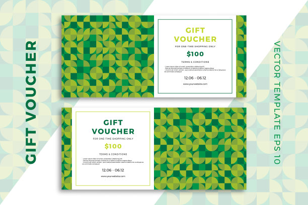 现代礼品卡模板与几何图案。优雅的折扣券或证书在自然绿色的颜色模型。干净和简单的矢量编辑背景样本文本。EPS10图片下载