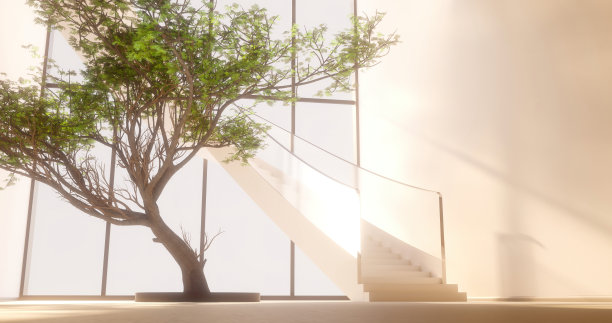 3D模型图像如果一个现代室内与楼梯亚洲树在阳光下图片下载
