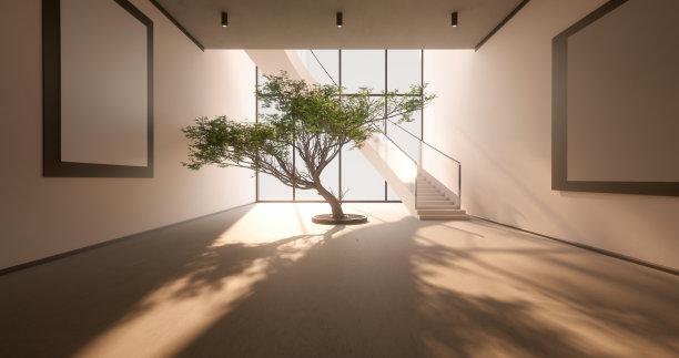 3D模型现代设计与树在一个大厅的阳光图片下载