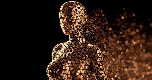 未来的黄金低多边形全息图女性身体从腰部以上图片下载