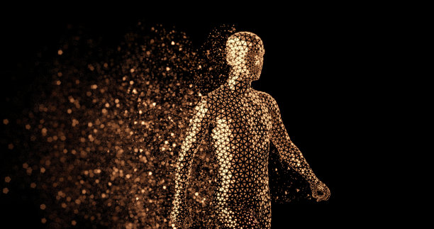 一个正在行走的人的金色全息图在黑色背景上留下了金色的痕迹图片下载