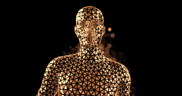 由三角形粒子组成的人体腰部以上金色全息图的数字生成图像，在黑色背景上向我们移动图片下载