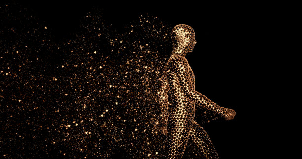 黑色背景上一个行走的人的金色全息影像图片下载