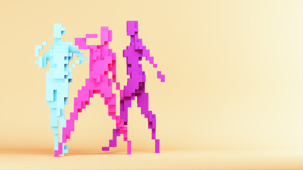 女性抽象立方体块粉红色紫色水蓝色80年代复古十年俱乐部调色板像素体素与温暖的肤色背景图片下载