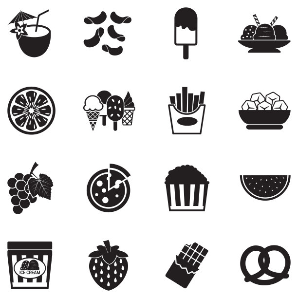 夏天吃零食图标。黑色的平面设计。矢量插图。图片下载