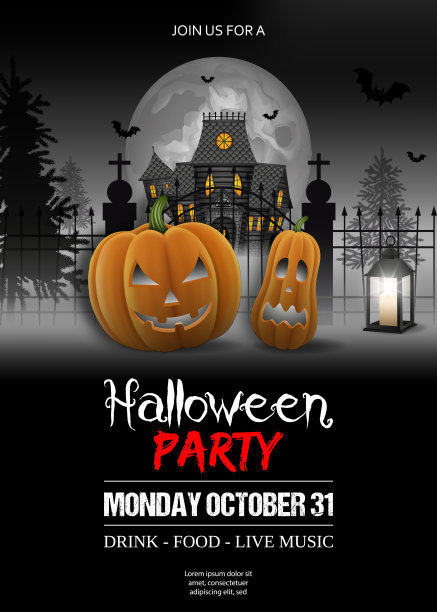 万圣节派对的伪装与南瓜和鬼屋图片下载