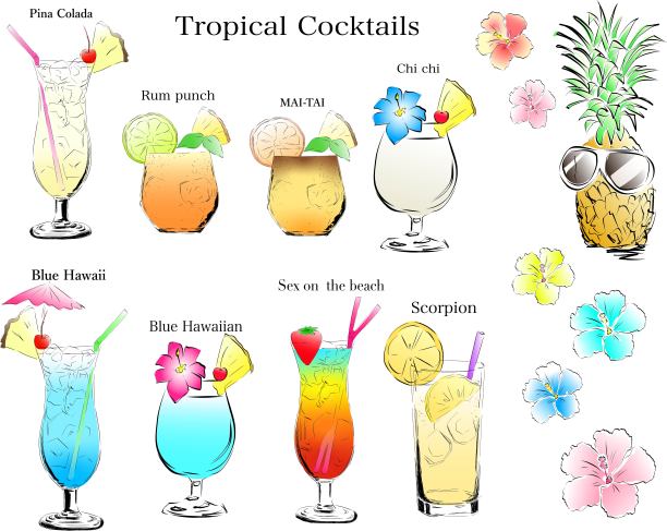热带鸡尾酒和热带花卉套装图片下载