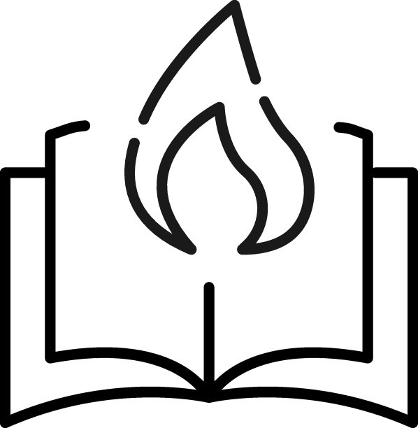 百科、科学、教育标志。高质量的标志商店，书籍，文章，网站。可编辑的中风。矢量线图标的火或火焰超过打开的书图片下载